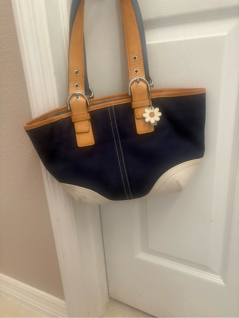 Coach Navy Tote with Tan Trim and Cream Base
